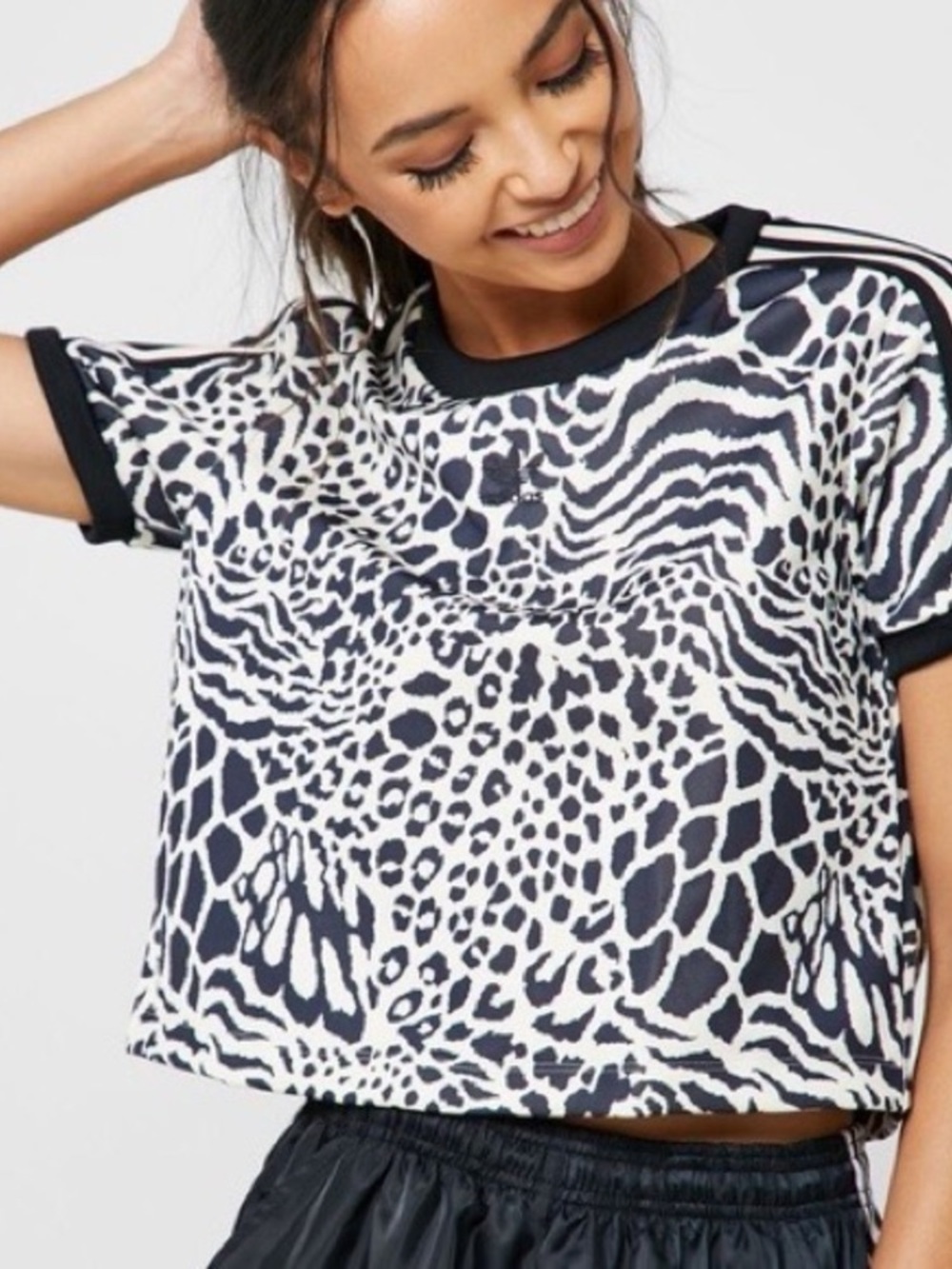 adidas Women Sz LCream/Black Animal Print Crop Short Sleeve 3-Stripes Tee Nwt